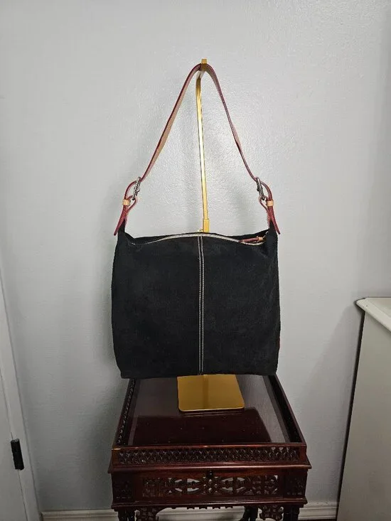 Dooney & Bourke Black Suede & Vachetta Leather Hobo Shoulder Bag - Picture 3 of 7